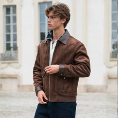 Rue Avel Suede Leather Jacket — Brown, courtyard model view