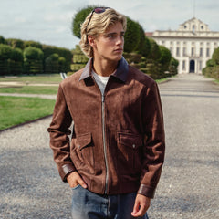 Rue Avel Suede Leather Jacket — Brown, garden model view